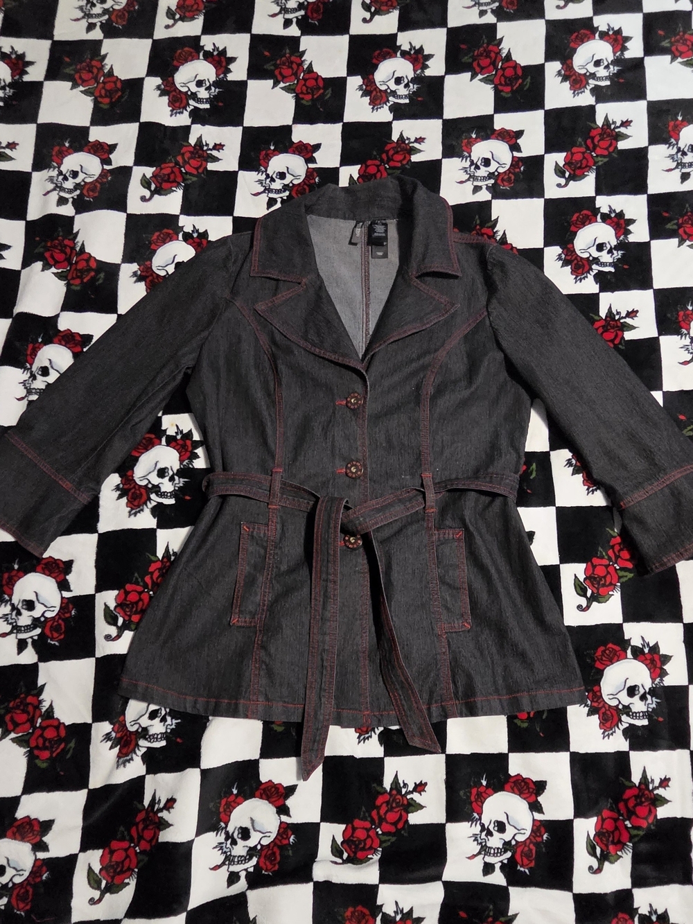 Bisou Bisou Dark Denim Trench Jacket with Red Topstitching